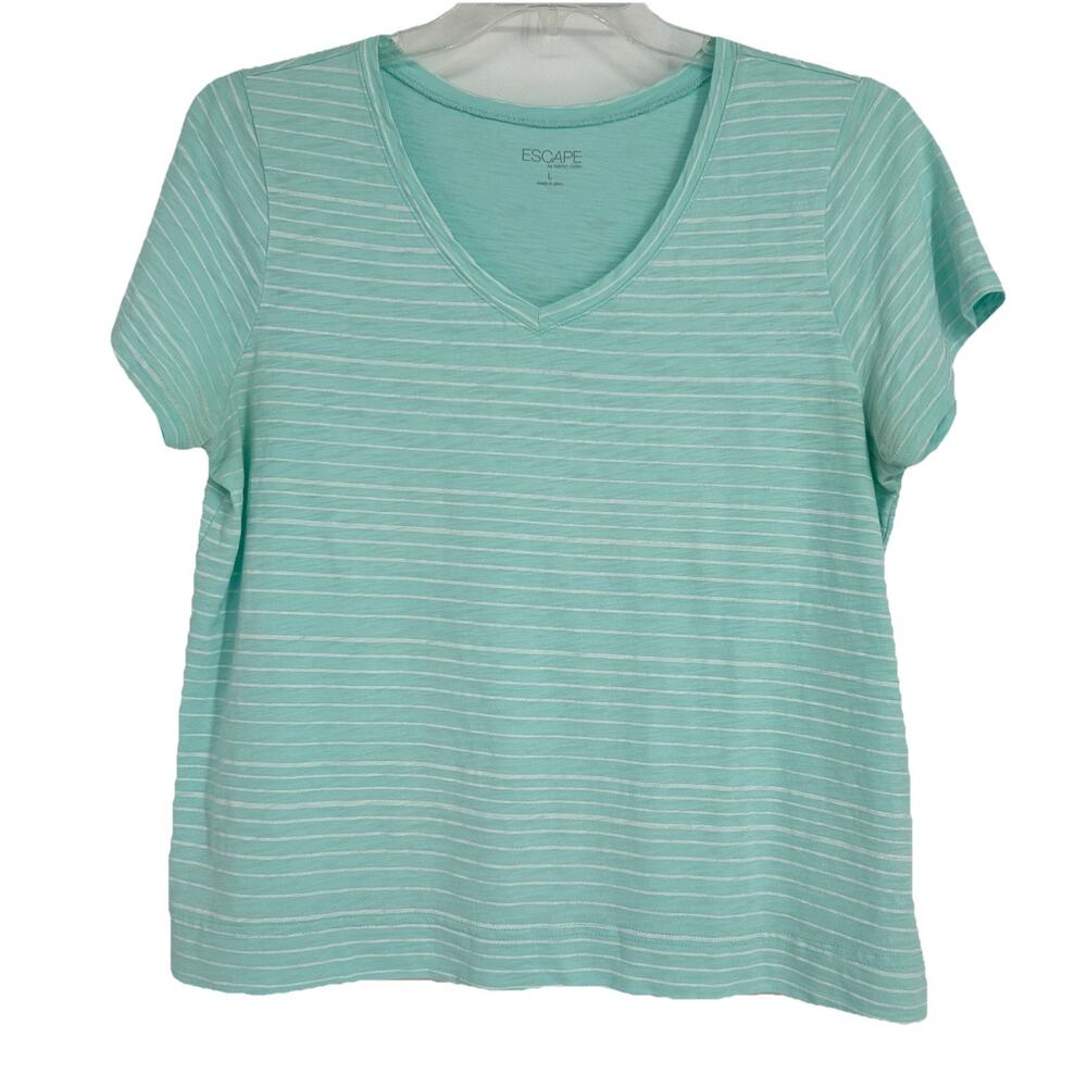 Escape By Habitat Slub Knit T Shirt Turquoise White Strip V Neck Cotton Size L